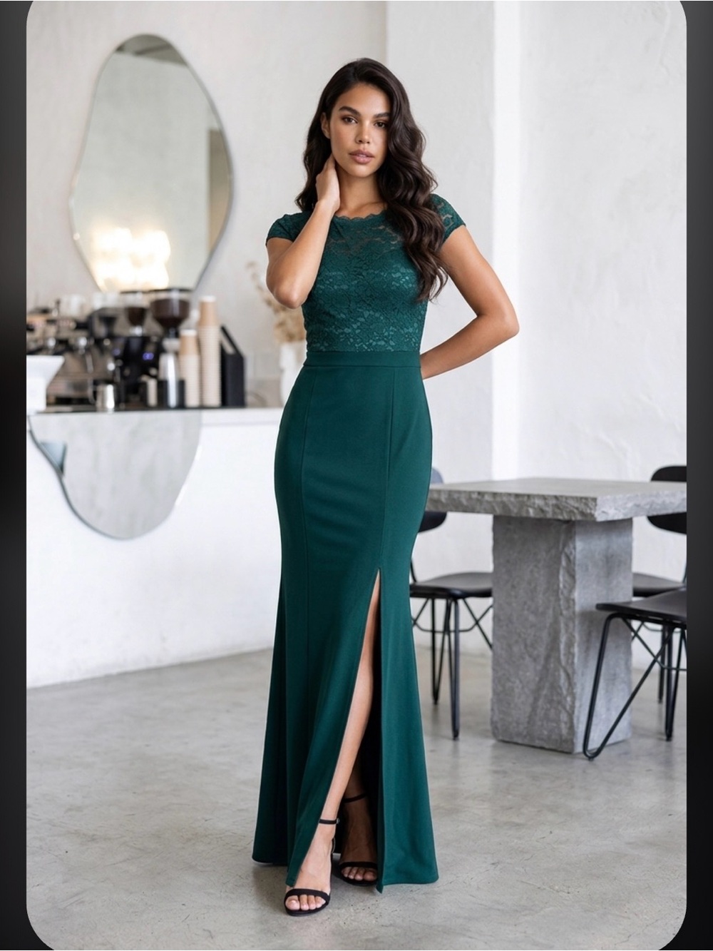 Dark Teal Lace Bodice Cap-Sleeve Evening Dress